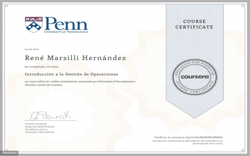 Cert. Course Univ of Penn Gestión de Op.