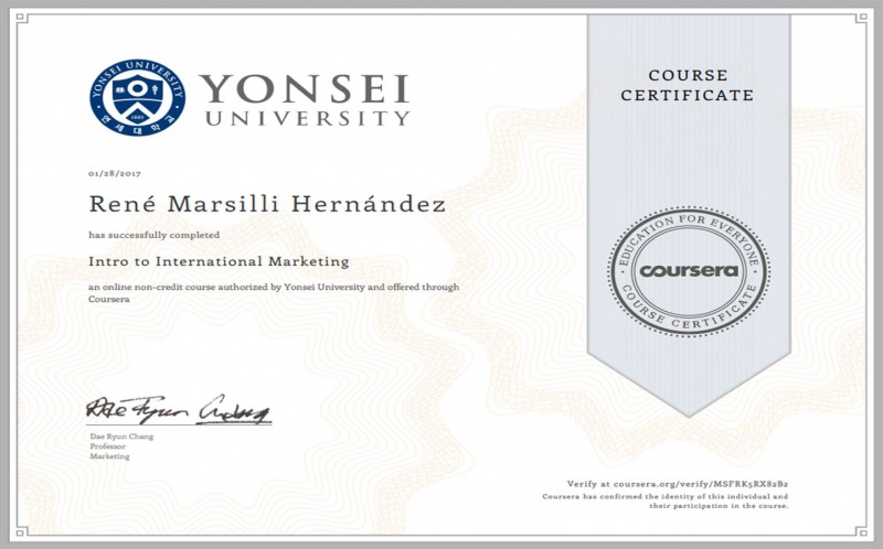Certificado del Curso Coursera Universidad de Yonsei Corea Sam.can René Marsilli